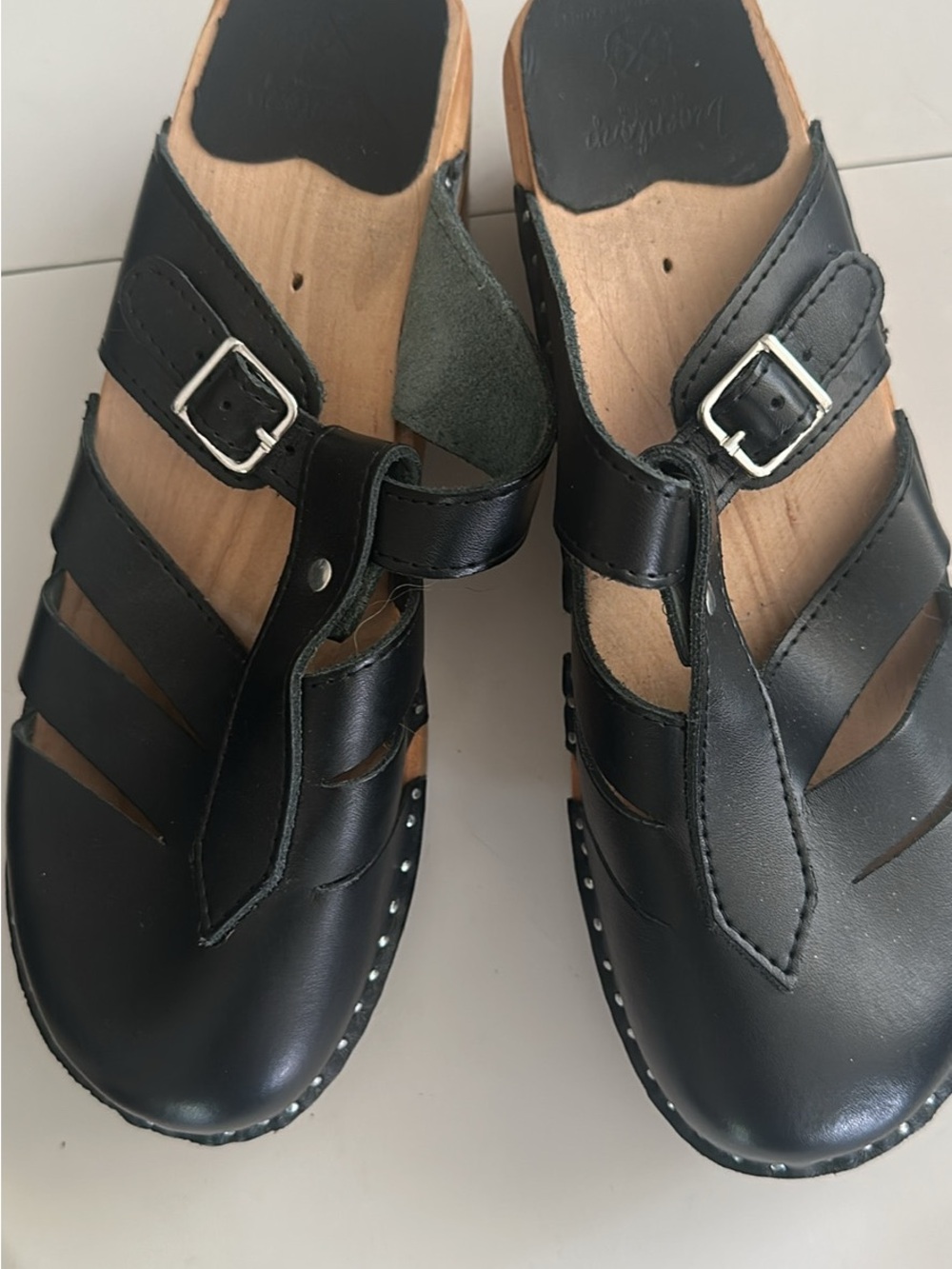 Black Leather Clog Mules with Buckle - Picture 3 of 4